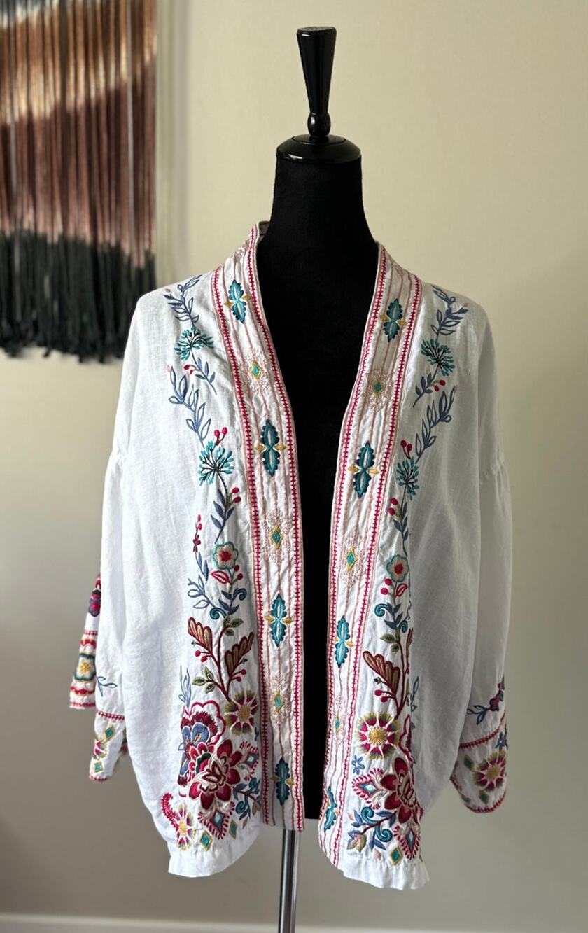 JOHNNY WAS Sicilia Cropped Linen Embroidered Kimono Size M